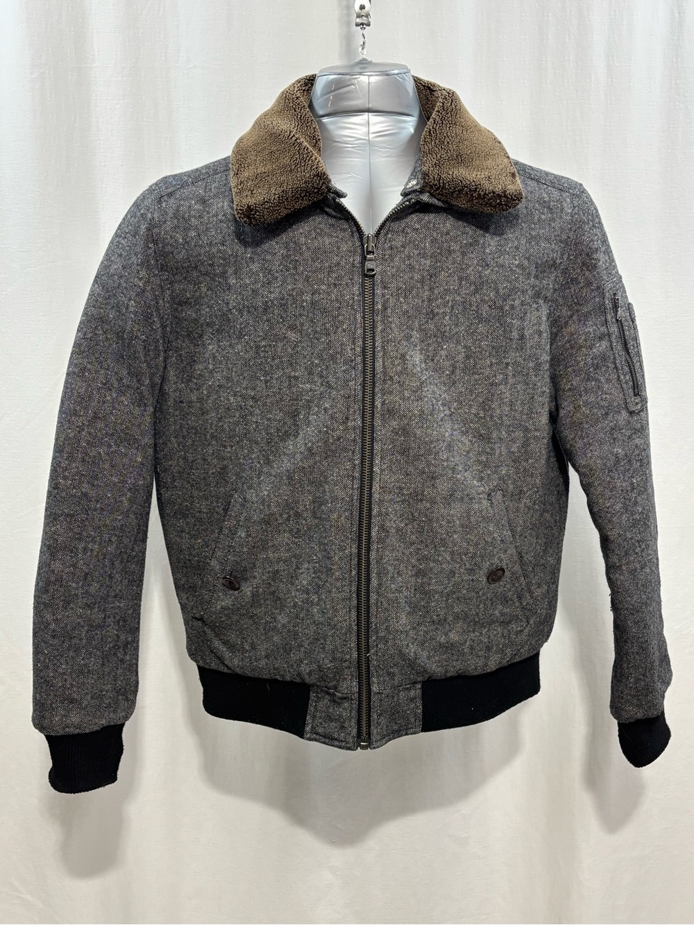 Tommy Hilfiger Grey Herringbone Wool Blend Bomber Jacket Brown Sherpa Collar L